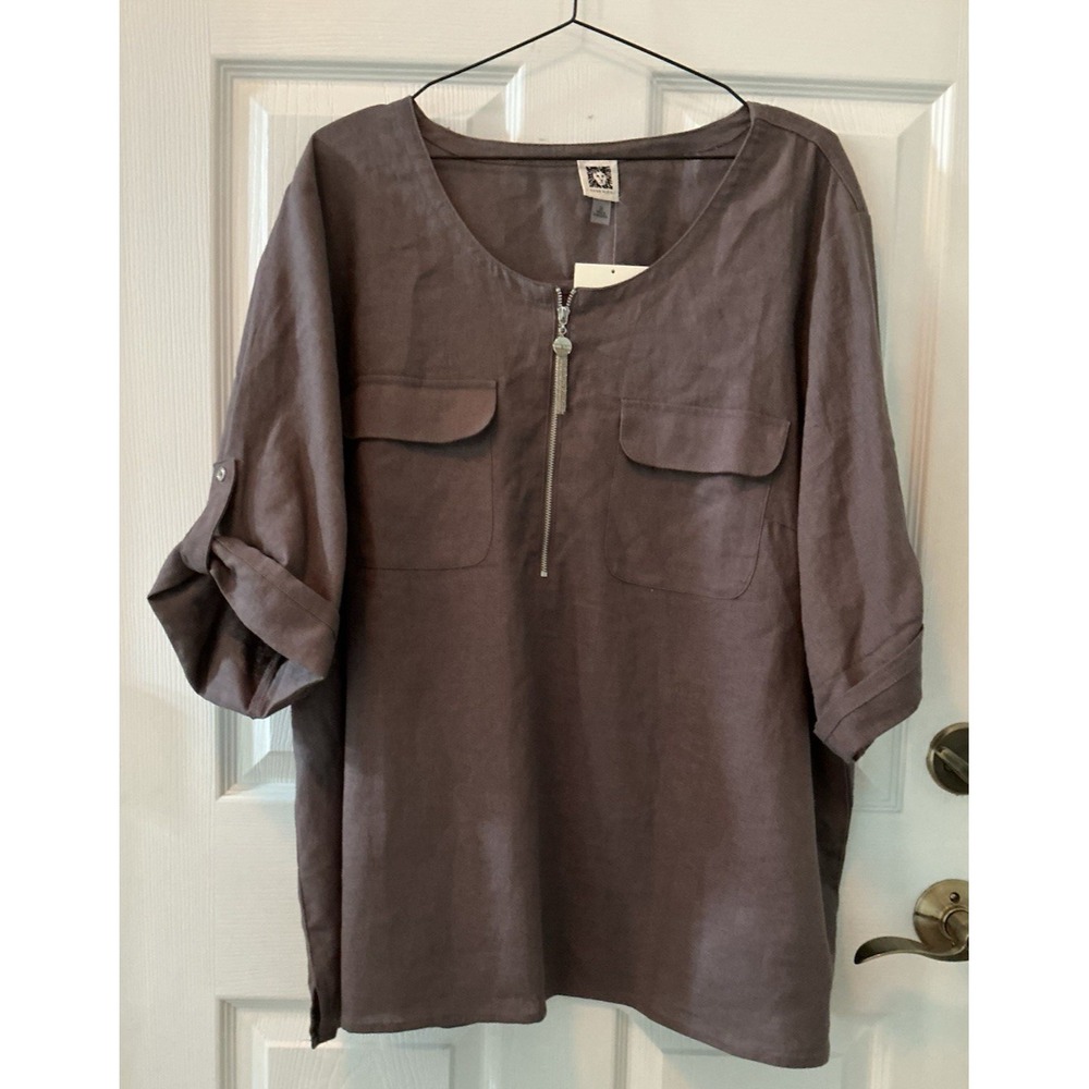 NWT Anne Klein 3X Linen Blend Top Gray Half Zip Roll Tab Sleeve Plus Size